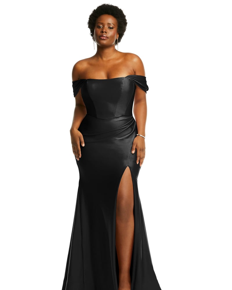 Front of a model wearing a size XXL Off-the-Shoulder Corset Stretch Satin Mermaid Dress with Slight Train in Black by Cynthia & Sahar. | dia_product_style_image_id:283467